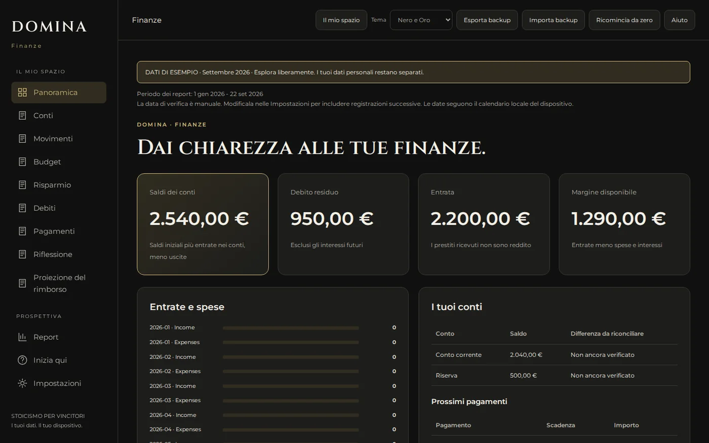Panoramica reale dell’app DOMINA le tue Finanze
