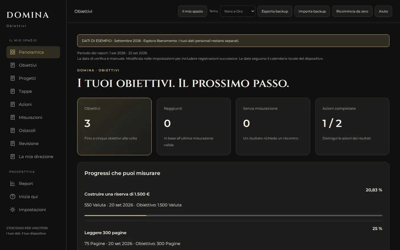 Panoramica reale dell’app DOMINA i tuoi Obiettivi