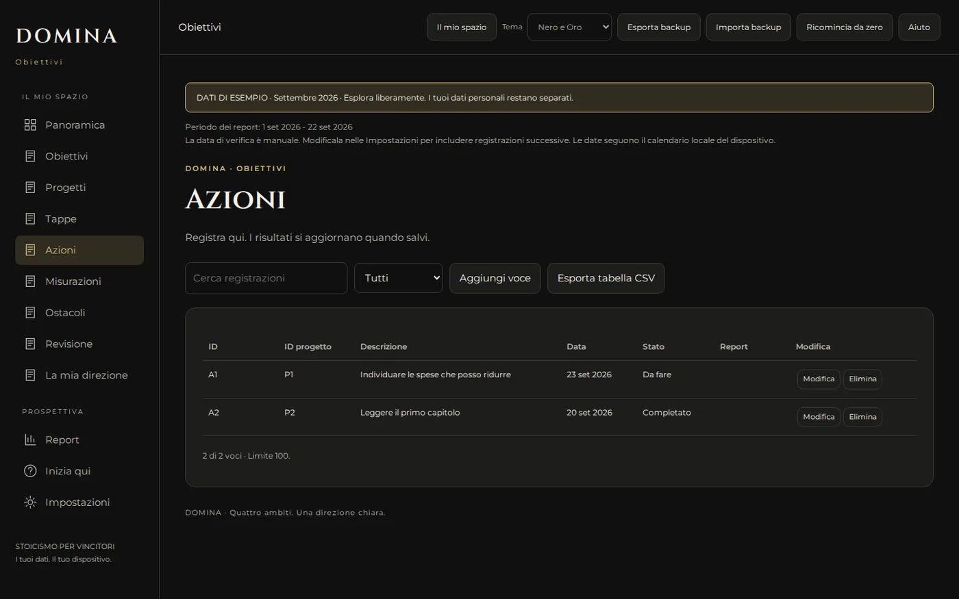 Schermata di registrazione dell’app DOMINA i tuoi Obiettivi