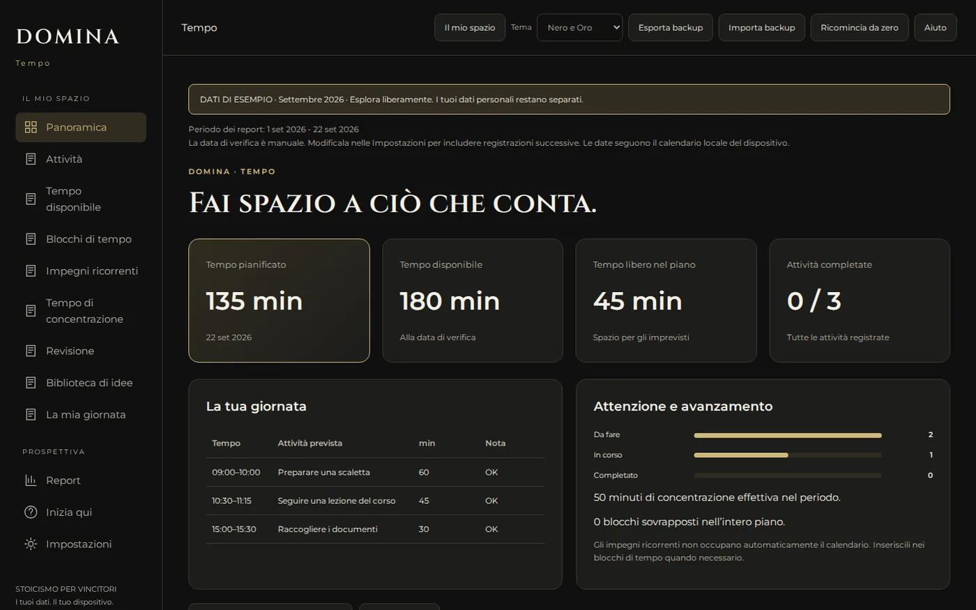 Panoramica reale dell’app DOMINA il tuo Tempo