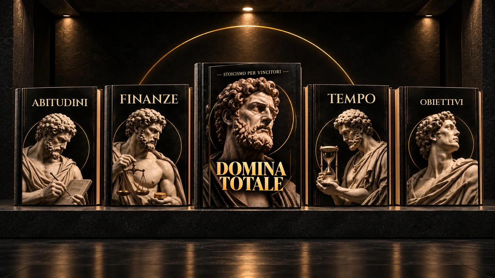 I cinque volumi DOMINA allineati in una galleria scura